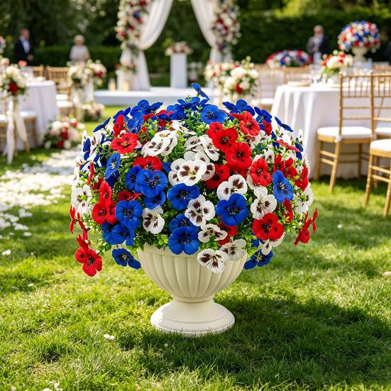 4th of July Artificial Pansy Flowers for Outdoor, UV Resistant Faux Silk Patriotic Flowers, Red Blue White Fake Flowers for Planter Front Door Porch