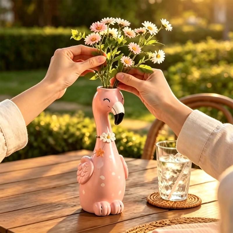 Cartoon Flamingo Decorative Vases In Resin, Whimsical Long Neck Bird Figurine for Styling Shelves, Desks, and Nightstands Displays