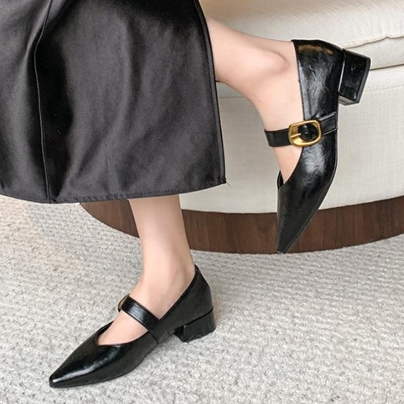 Mode Nya Damskor med Spetsig Tå, Enkla Skor med Mellanhög Klack och Grund Spänne, Fyrkantig Klack, Höga Klackar, Mode Båtskor, Zapatos Mujer