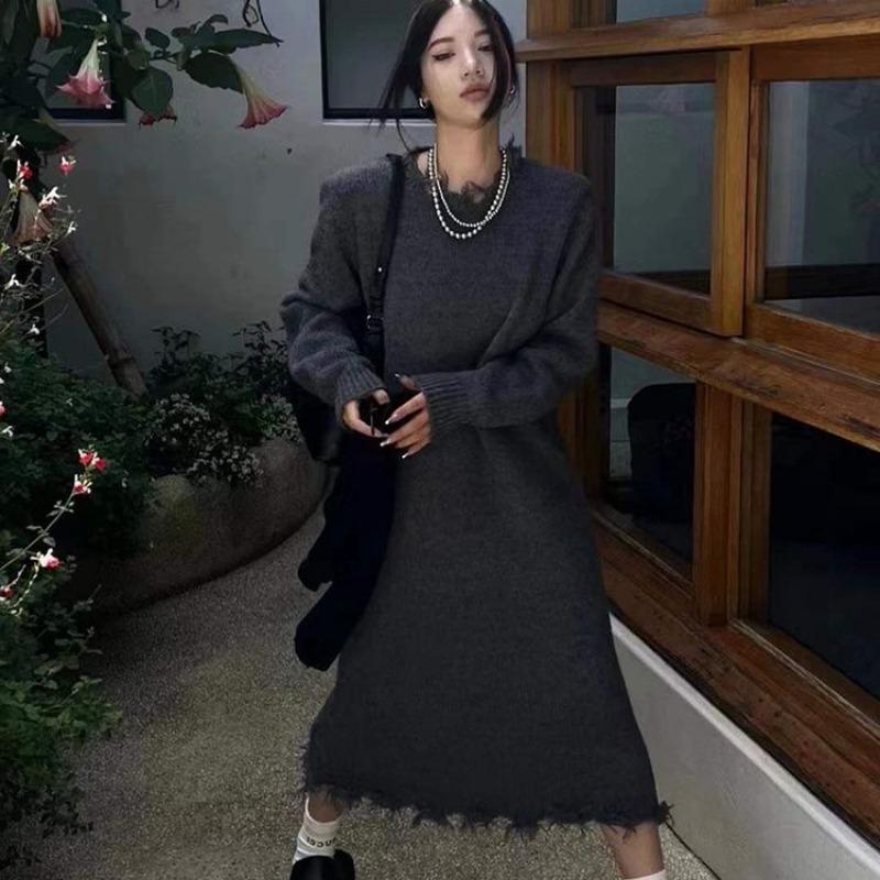 Rochie pulover medie spre lungă, care se potrivește lejer peste genunchi, toamnă și iarnă, noua versiune coreeană, pulover tricotat de bază pentru femei