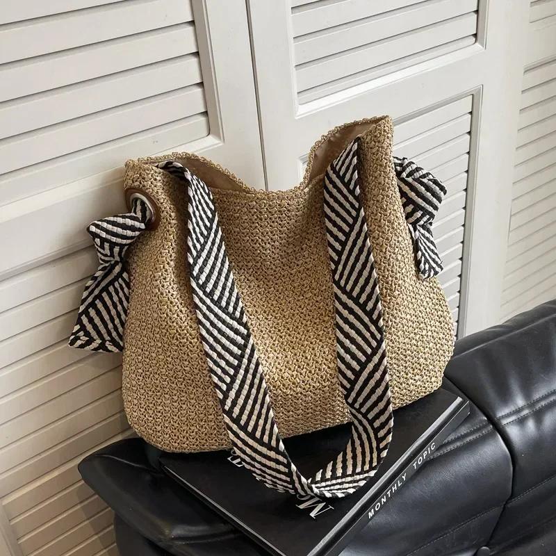 Pevná Slaměná Velkokapacitní Slaměná Dámská Taška přes Rameno Model Seaside Holiday Pletené Tašky Ležérní Všestranná Crossbody Taška