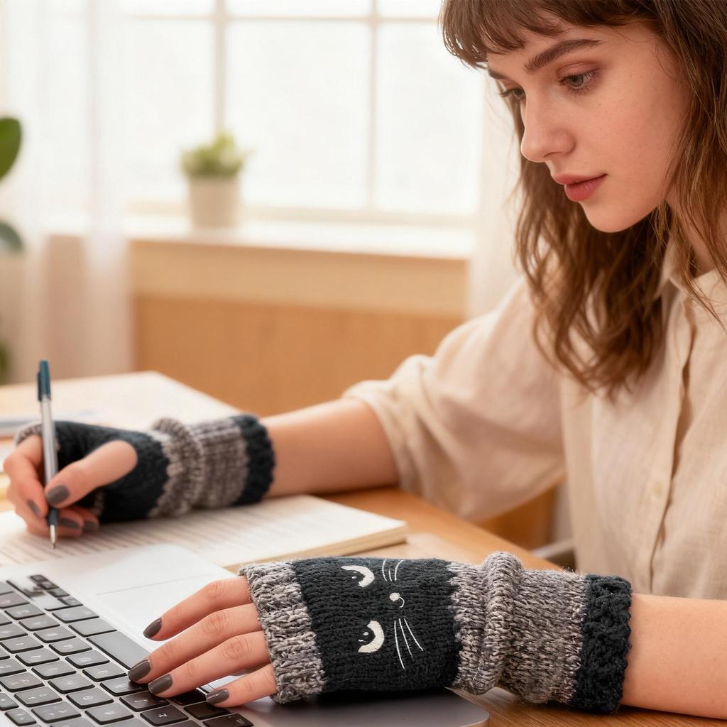 Katzenstickerei Patchwork Strickhandschuhe, Winterwarme Handschuhe, modische Fingerlose Freizeit-Damenhandschuhe Neujahrsgeschenke