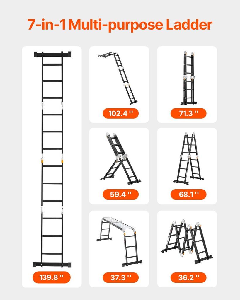 Multi-Purpose Folding Ladder 7-in-1 3 Step 12ft with Scaffolding Plank