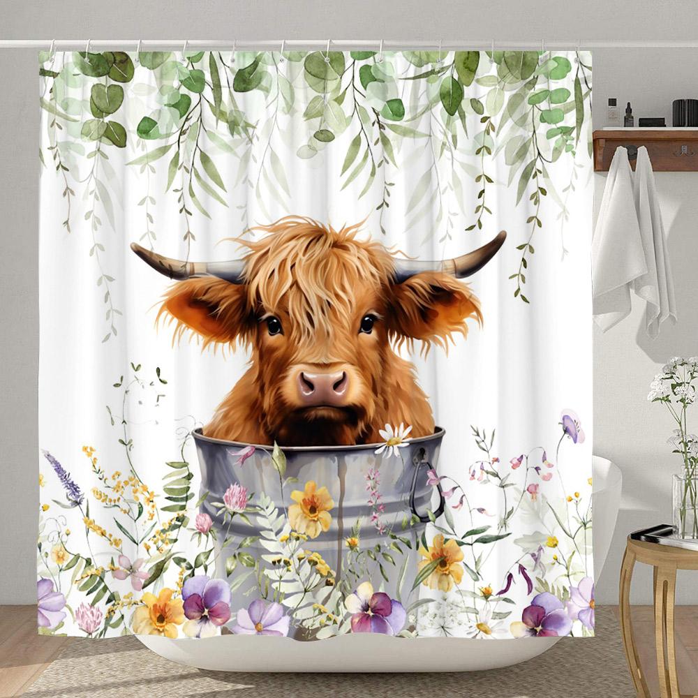 Highland Cow Shower Curtain Farmhouse Funny Bull Rustic Western Watercolor Spring Florral Cute Animal Plant Kids Bathroom Decor