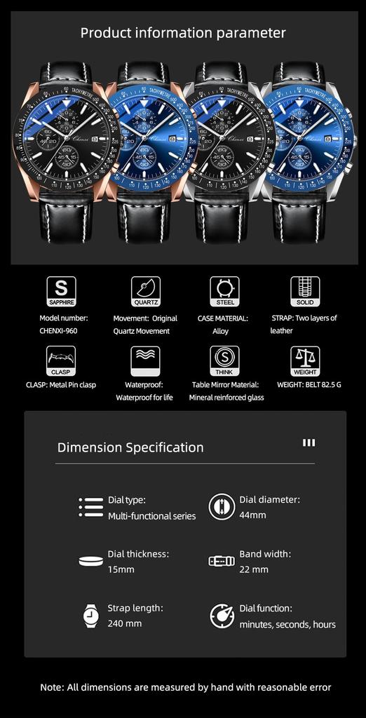 Stylish Men's Chronograph Watch, Stylish and Stylish, Waterproof, Popular Brand, Quartz Analog Watch, Black, ChenXi-G960