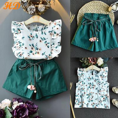 Toddler Kids Baby Girls Outfits Clothes Flower Print T-shirt Top+Belt Shorts Set