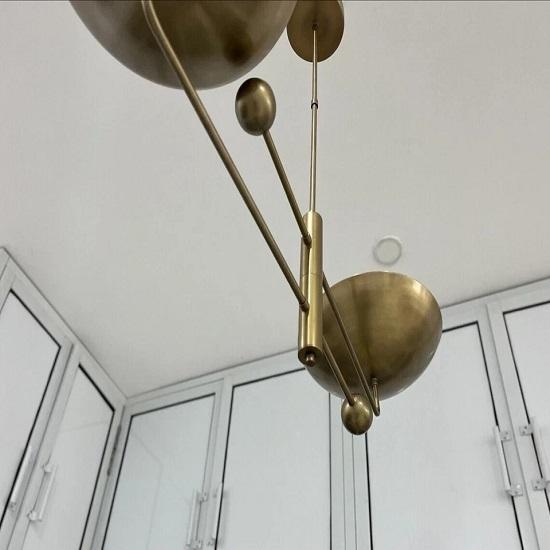Mid‑Century Linear Sputnik 2‑Light Curved Brass Pendant Chandelier