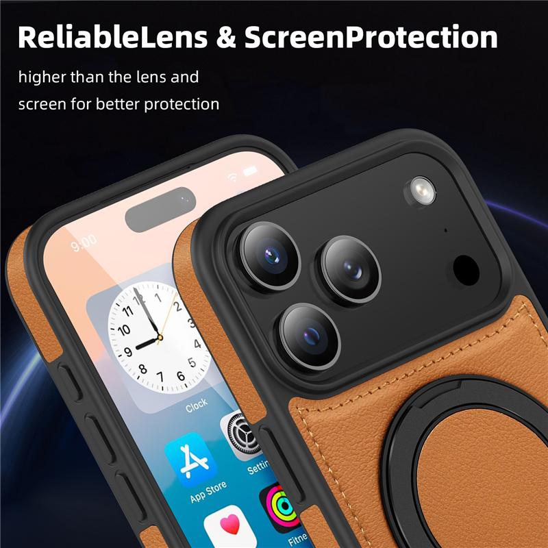 Leather Phone Case For Magsafe iPhone 17 Air 16E 16 15 14 Plus 13 12 Pro Max Magnetic 360 Rotate Metal Holder Stand Back Cover