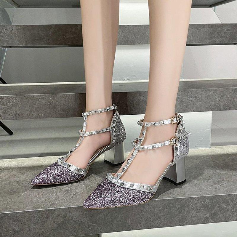 

Женские туфли-лодочки 2024 Весна Осень Туфли T-типа Туфли с заклепками на толстом каблуке Модные блестящие туфли с пряжкой на каблуках для женщин 42 фиолетовый