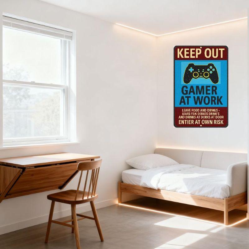 Vintage 'KEEP OUT' Gamer At Work Metal Tin Sign - Blue Red Yellow Warning Board for Home Office Man Cave Decor