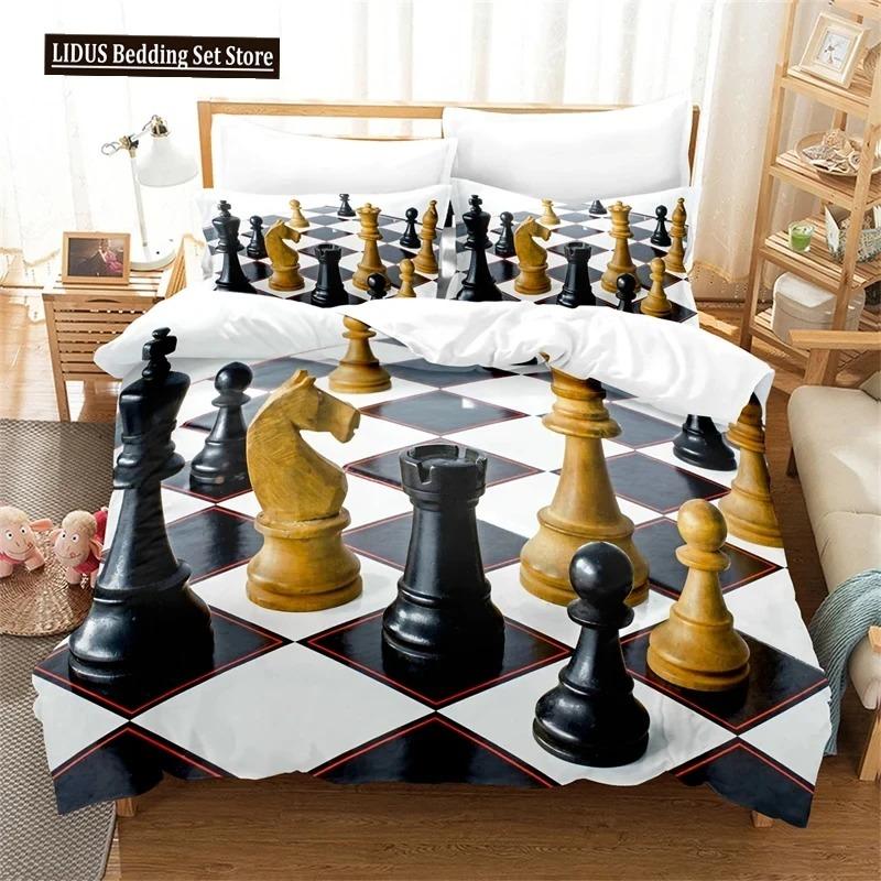 Internationell Schack Påslakanset Svart Vitt Rutigt Schackbräde Täcke Örngott Tävlingsspel För Pojkar Tonåringar Sängklädesset