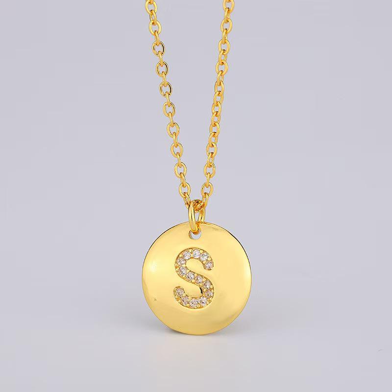 26-Letter English Alphabet Round Pendant Necklace with Micro-set Diamond 'S' Clavicle Chain