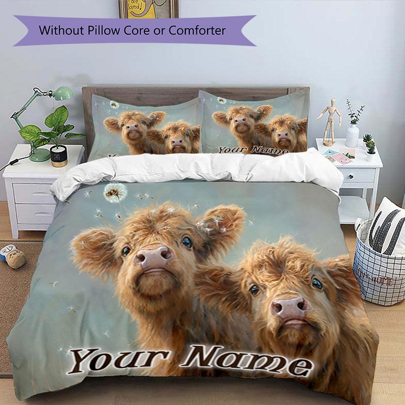 3PC Custom Name Highland Cattle Dreams Bedding Set Printed Bedding Set Duvet Cover Closure Includes 1 Duvet Cover & 2 Pillowcases for All Seasons Bedr