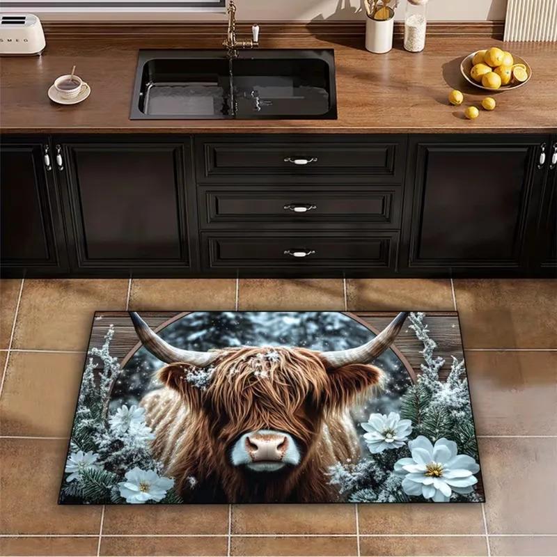 VIKAMA 1/2pcs Highland Cow Kitchen Rug Non-slip, Easy-clean Hallway Entrance Doormat Living Room Bedroom Rug Home Decor