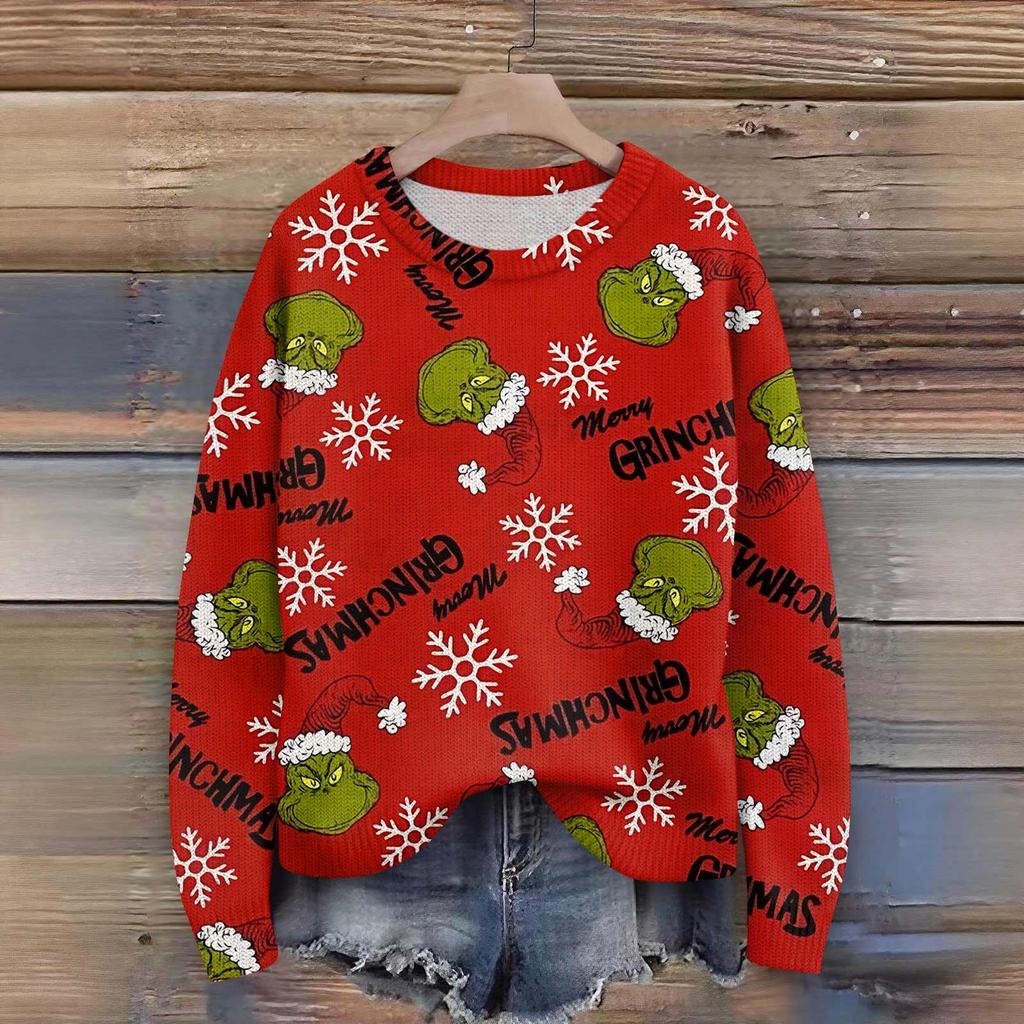Long Sleeve Pullover Sweaters For Women O Neck Casual Cute Printing Knit Oversized Sweater
