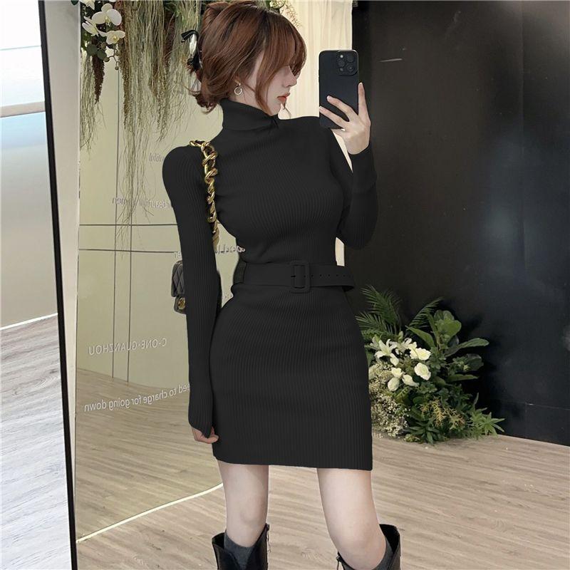 Rochie Bodycon Tricotată cu Gât Înalt, pentru Femei, Moale, Elastică, de Toamnă-Iarnă, Midi, Rochii de Petrecere cu Curea