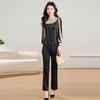Women's Spliced Blouse & Straight Pants Casual Set