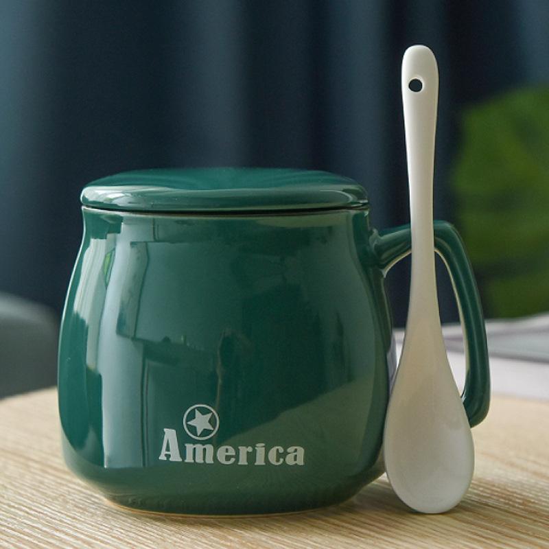 Creative Ceramic Cup With Lid And Spoon Milk Cup Day Breakfast Cup Coffee Cup Customization