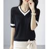 Temperament Sping Autumn T-Shirts Women V-Neck Striped Panelled Ice Silk Fashion Office Lady Short Sleeve Pullovers Knitted Tops
