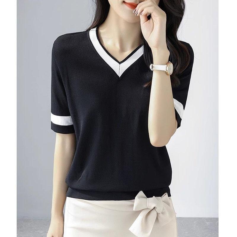 Temperament Sping Autumn T-Shirts Women V-Neck Striped Panelled Ice Silk Fashion Office Lady Short Sleeve Pullovers Knitted Tops