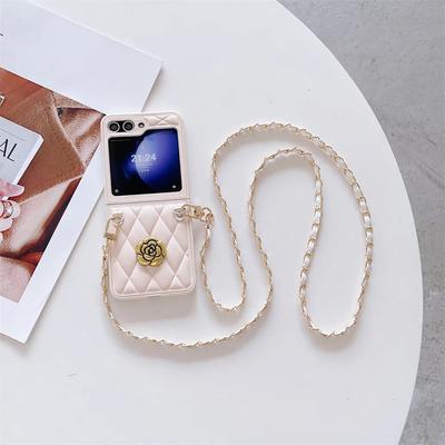 Leather Crossboby Phone Case for Samsung Galaxy Z Flip 6 5 4 3 Flip5 Flip4 Flip3 5G Chain Cord Rope Strap Shockproof Cover