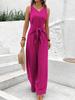 Women Sleeveless V Neck Front Tie Jumpsuit Solid Color Casual Loose Fit Summer Romper