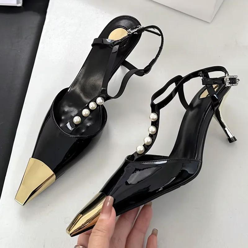 Sexy Metal Pointed Toe Stiletto Sandal Women Luxury Pearls Strap Buckle Designer High Heels Party Prom Shoes Summer Women Pumps