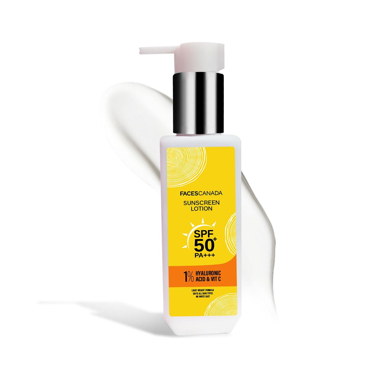 

FACESCANADA Sunscreen Lotion, 100ml | SPF 50 PA+++ | Oily Protects From UVA & UVB Rays | 1% Hyaluronic Acid & Vitamin C | Lightweight | No White
