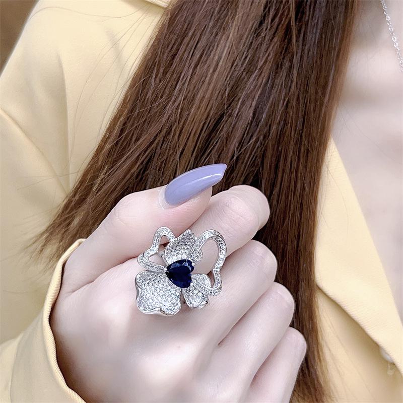 Luxury Women's Three-Piece Set: Floral Ring, Necklace & Earrings with Micro-set Diamonds