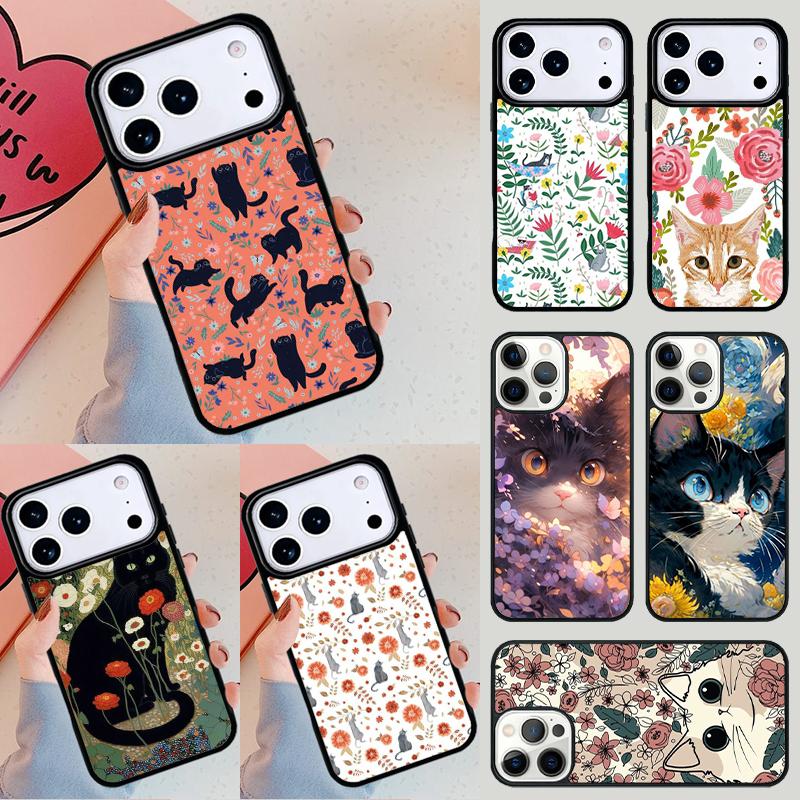 Lovely Flower Cat Animal Pattern Phone Case For iPhone 17 Air 14 15 13 12 Max Cover For Apple 16e 11 Pro Max Plus Coque