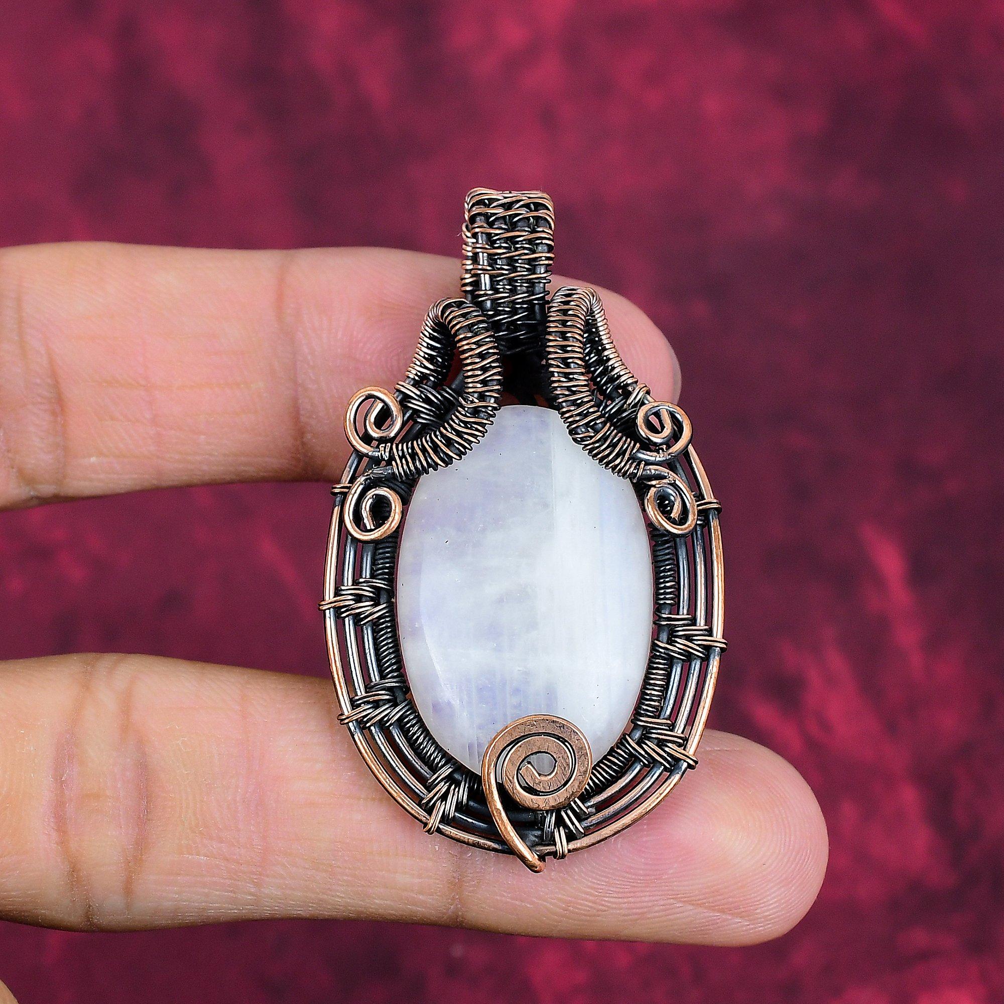 Rainbow Moonstone pendant Copper Wire Wrapped Gemstone Jewelry Handmade Pendant