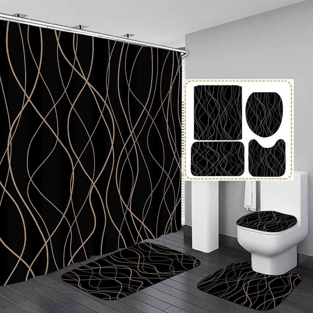 Simple Abstract Line Bathroom Four-Piece Shower Curtain Bathroom Shower Curtain Partition Curtain Bathroom Curtain Polyester