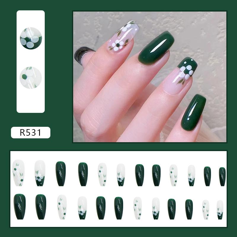 Long Ballet Fresh Green Tea Wear Nail Camellia Nail Pieces Finished Nail Pieces False Nail ins Wind 24 Pieces