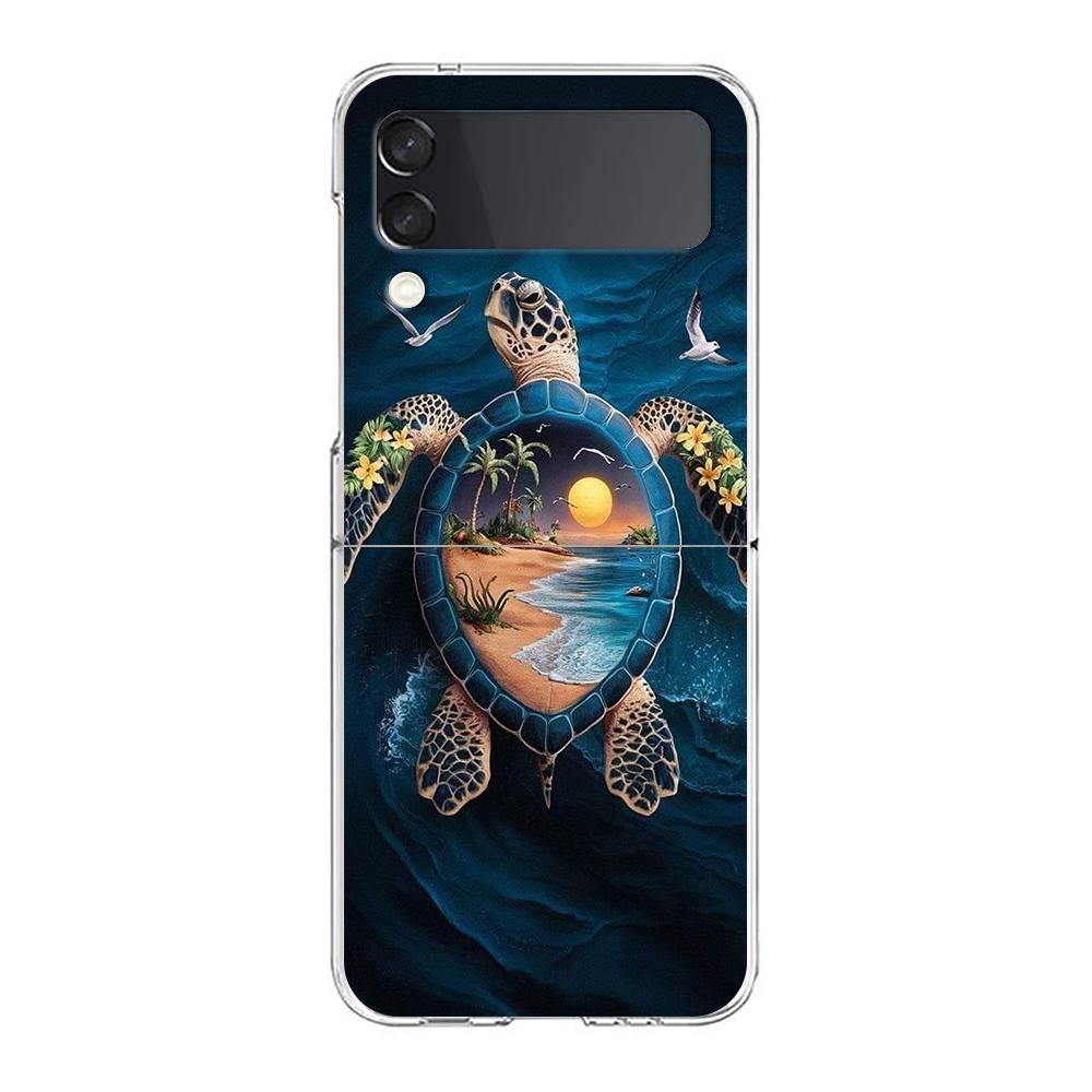 Phone Cover For Samsung Galaxy Z Flip 7 6 5 4 Case Transparent For Samsung Z Flip 3 Hard PC Shell Ocean Cute Dolphin Sea Turtle