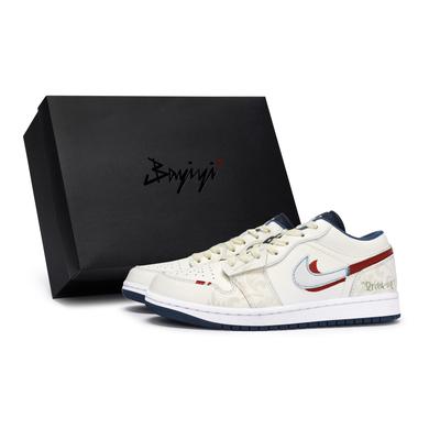 Air Jordan 1 Износостойкие Низкие Винтажные Баскетбольные Кроссовки Мужские Бежевый Белый Красный 553558-414(Team80-S-BOX)