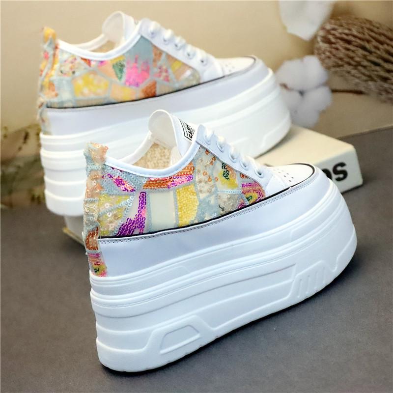 Fashion 12CM Air Mesh Denim Genuine Leather Synthetic Loafer Vulcanize Chunky Sneaker Mixed Color Women Summer Moccasins Shoes