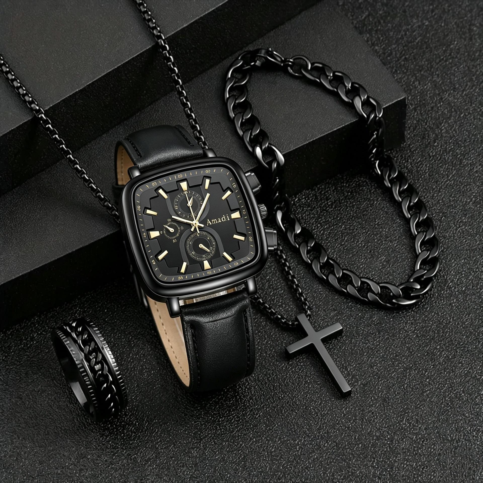 Watch Men S Fashion Large Dial Square Vintage Quartz Watch Cross Bracelet Set Belt Men S Watch With box