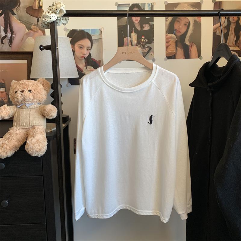 

Women s Gray Embroidered Raglan Crew Neck Long Sleeve T-Shirt: Autumn Casual Loose Fit. Large