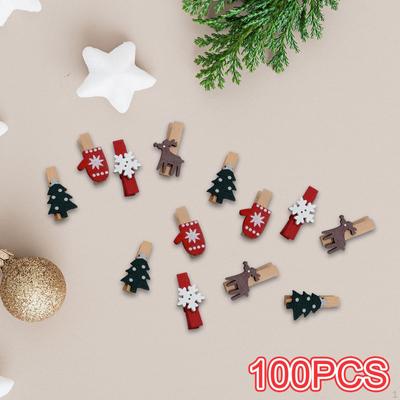 100 Τεμ. Χριστουγεννιάτικα Ξύλινα Κλιπ, Μίνι Διακοσμητικά για Φωτογραφίες, Σημειώσεις