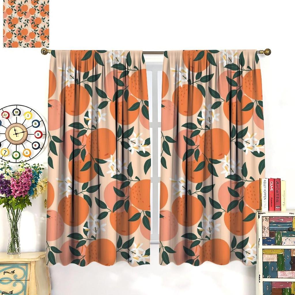 Orangenfrucht-Vorhänge, Niedliche Zitrus-Grünblätter-Blumen-Sommermuster-Vorhänge Fenster 2-teilig Stangentasche Vorhang für Schlafzimmer Wohnzimmer