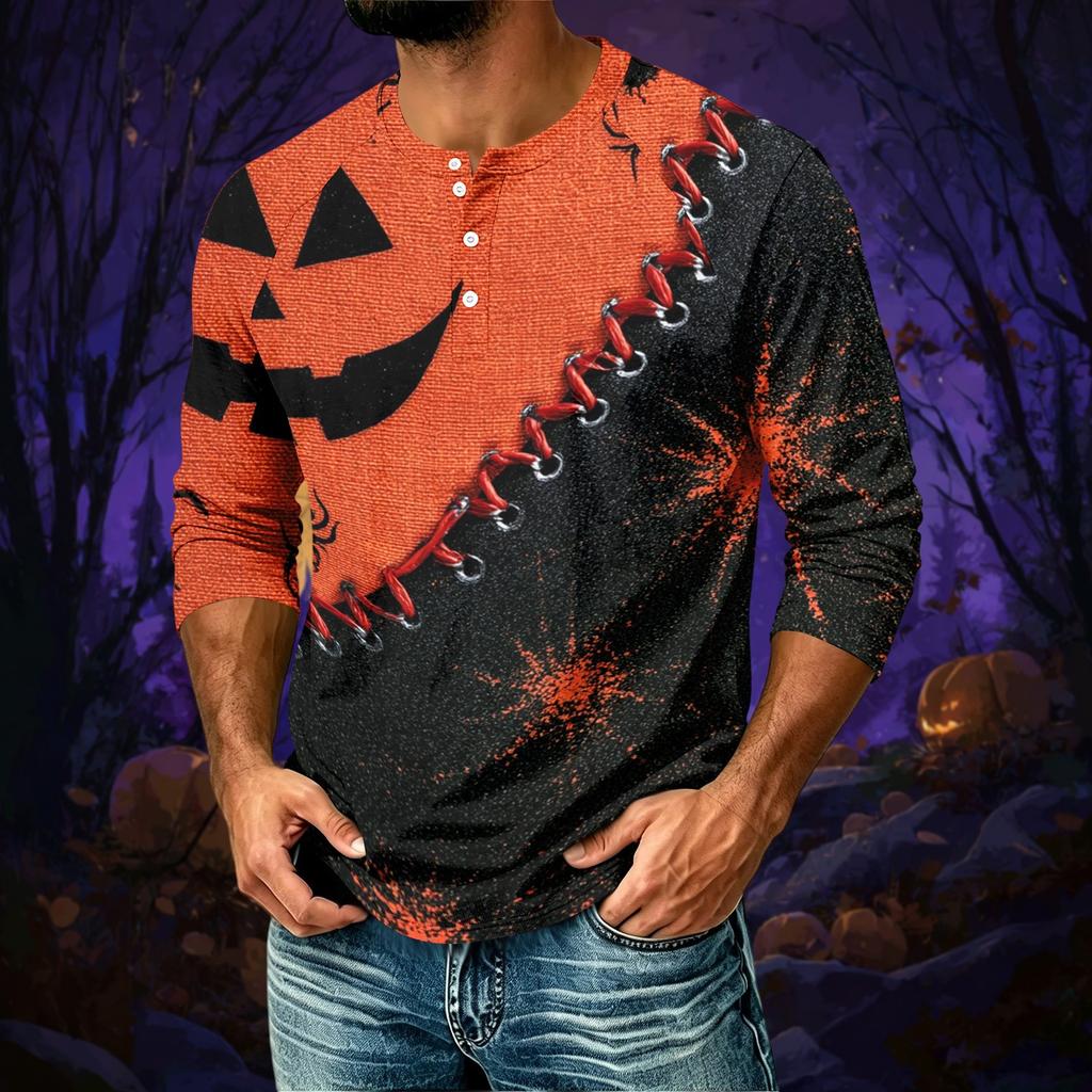 Men's Casual Halloween Print Raglan Three-Quarter Sleeve Shirt