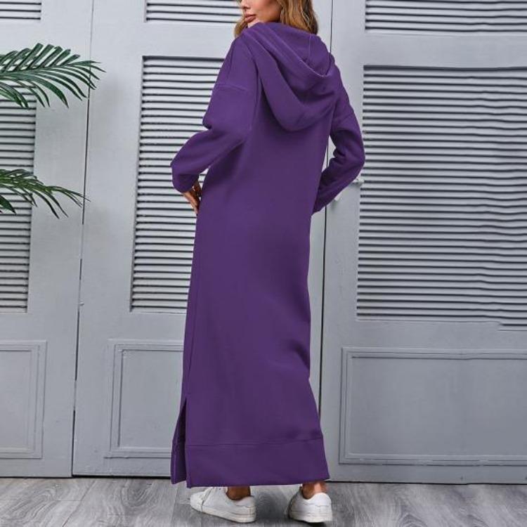 Women Sweatshirt Dress Hooded Solid Color Long Sleeve Front Drawstring Autumn Winter