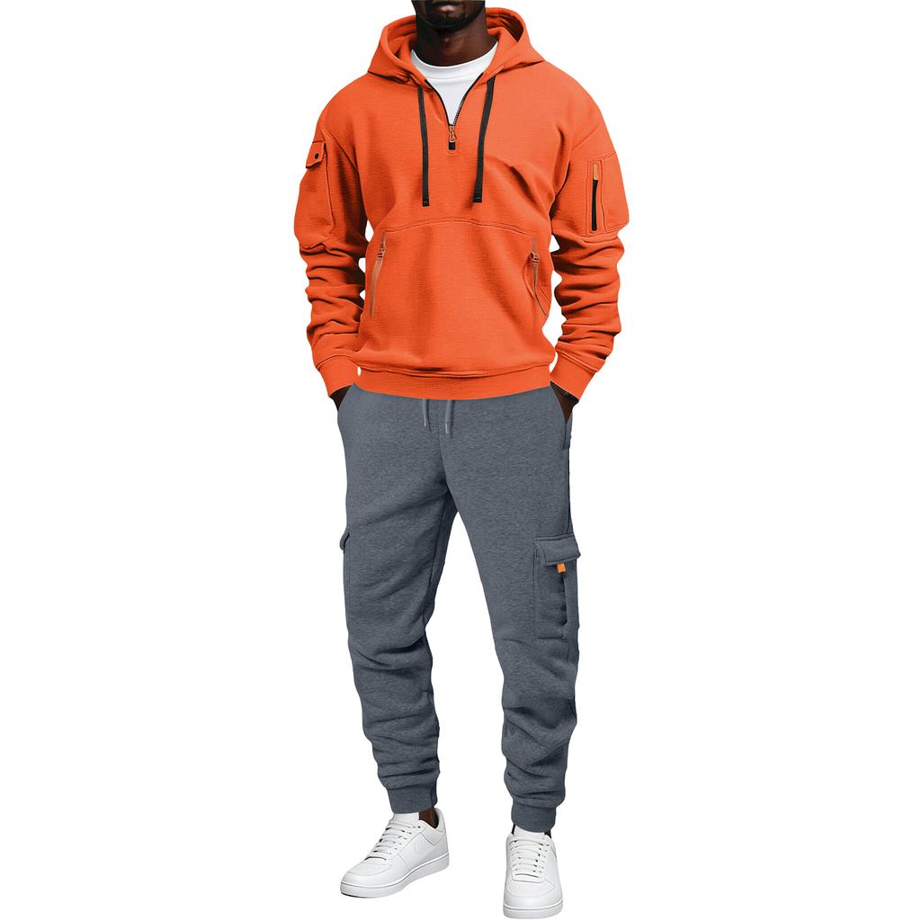 Men's Color Casual 2 Piece Set, Loose Hoodie with Pocket and Multi-Pocket Cargo Pants