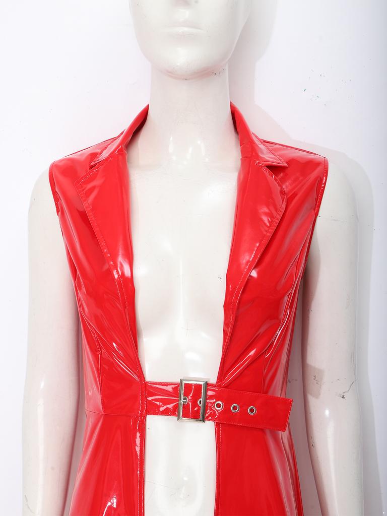 Damen Glänzender PU Punk Langer Trenchcoat Ärmellos Revers Offene Front Verstellbare Schnalle Taille Jacke Blazer für Cosplay Party Club Nacht