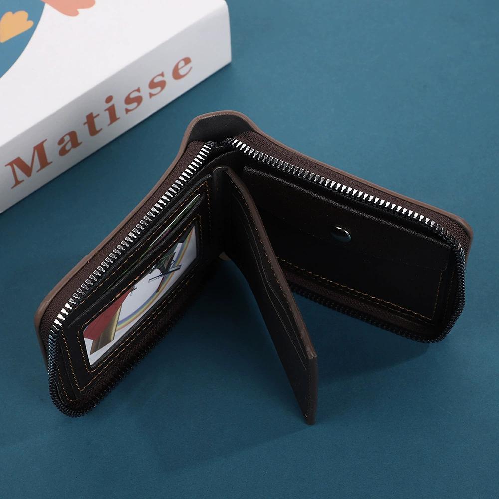 Men's Short Wallet Card Holder Zipper 3 Fold Purse Leather Money Clip Retro Casual Buckle Square Bag
