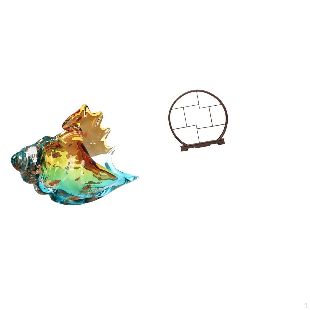 Glass Conch Figurine Sea Animal Art Decor Craft Statue Ornament with Wood Display Stand for Home