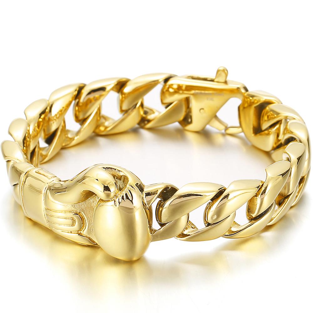 

Мужской браслет кубинского плетения 15 мм, золотого цвета, с вакуумным покрытием, панк, из нержавеющей стали 316L, в стиле боксерских перчаток 22CM золотой