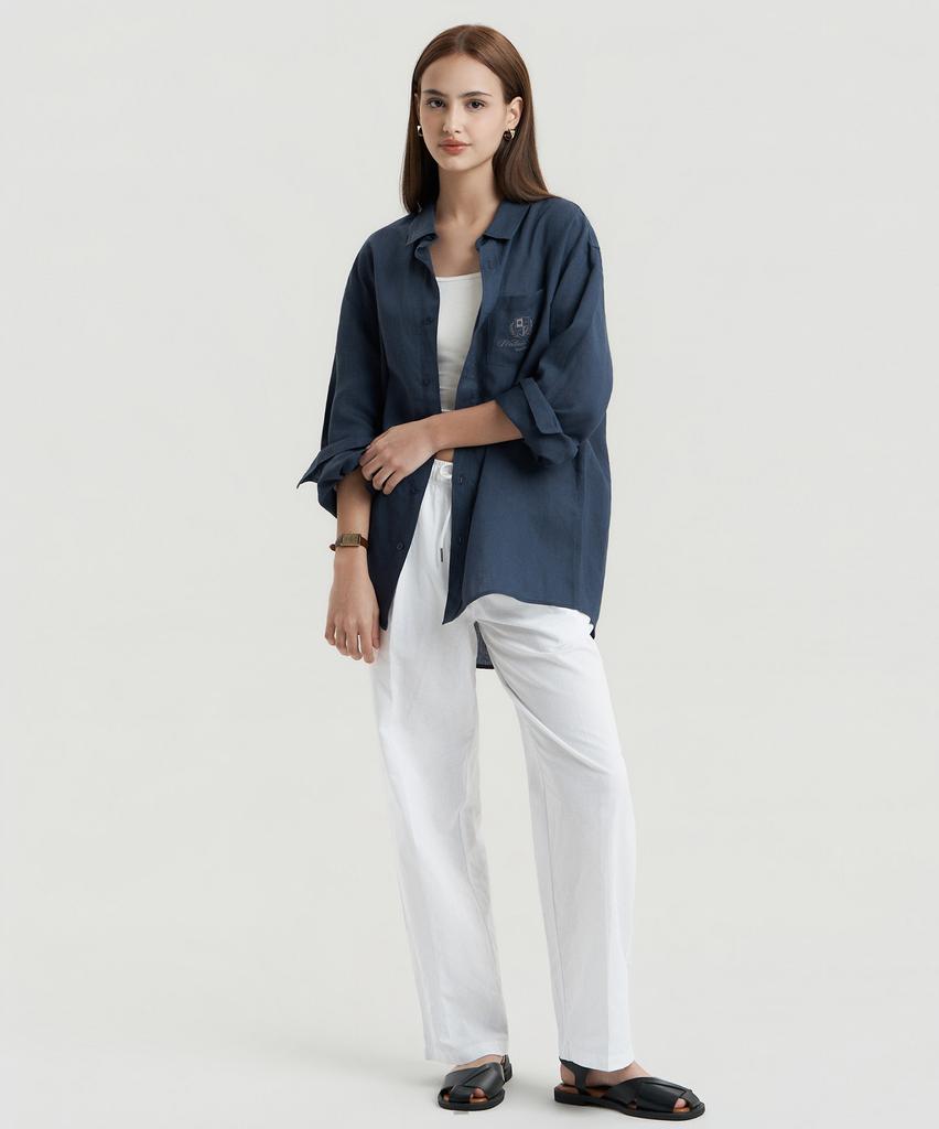 Delma W Linen Touch Semi-Wide Elastic Waist Pants - White