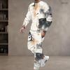 Men Plus Size White Printed Two Piece Set Round Neck Long Sleeve Top Cuffed Pants