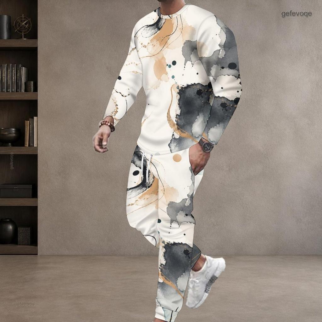 Men Plus Size White Printed Two Piece Set Round Neck Long Sleeve Top Cuffed Pants